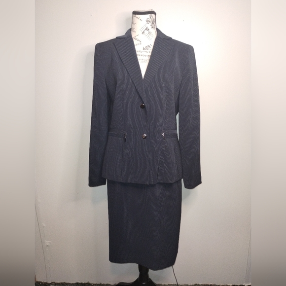 Dotted Pin Stripe Black Larry Levine Skirt & Jacket 10 - Picture 1 of 9